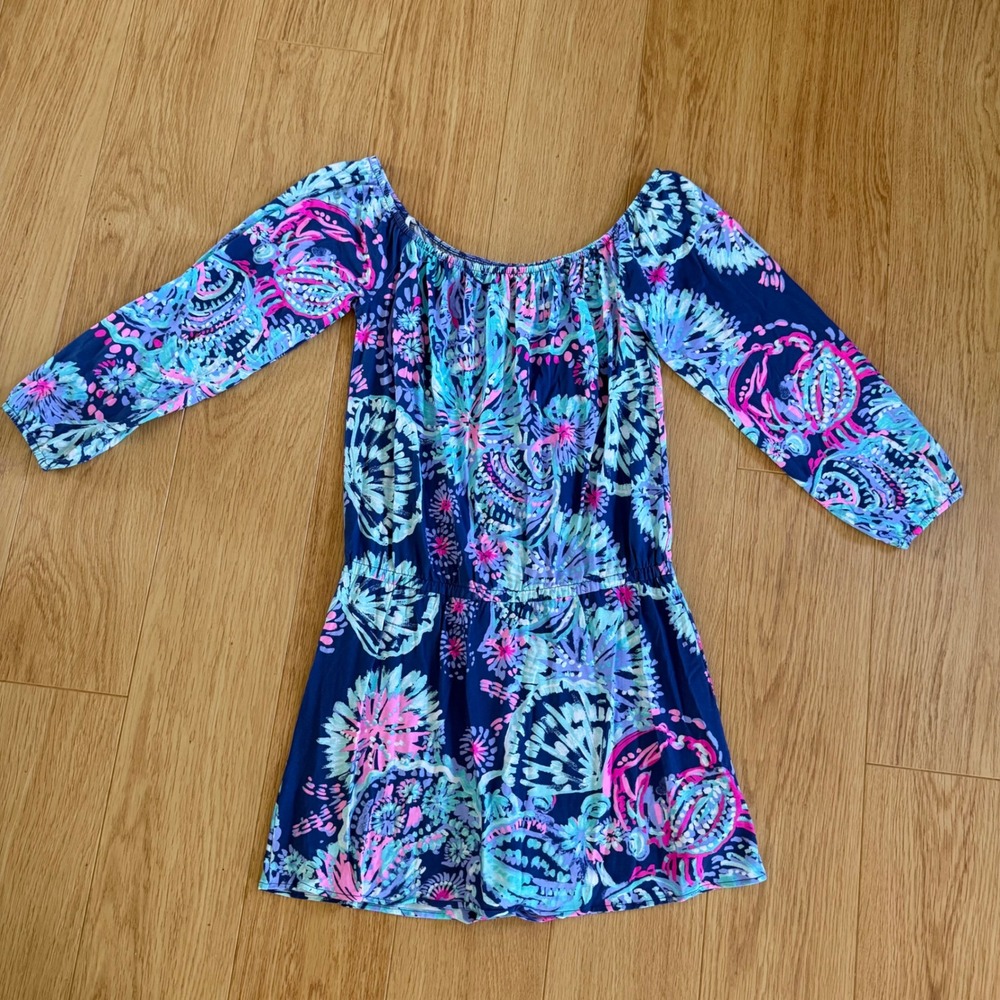 Lilly Pulitzer LANA Skort Romper Women Med Blue Pink Floral Off Shoulder Gypsea